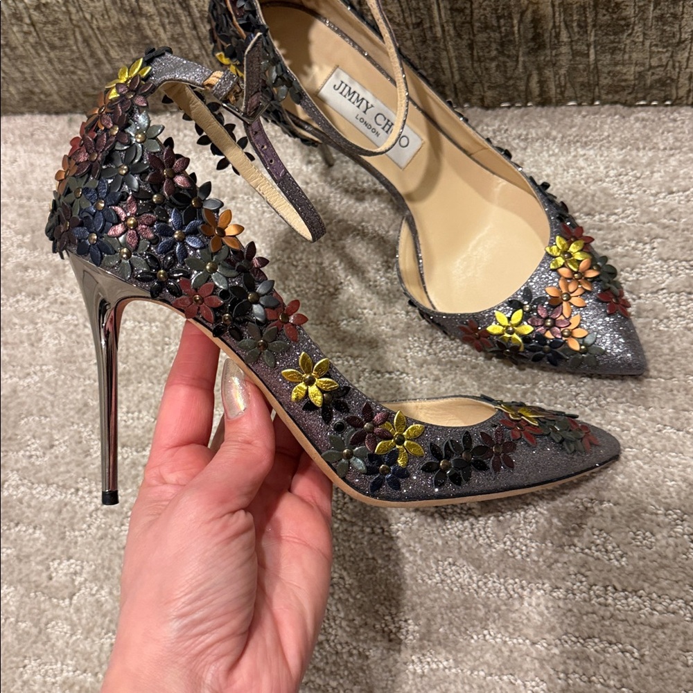 Jimmy Choo Floral Embellished Lorelai glitter heels 38.5 - Picture 5 of 17